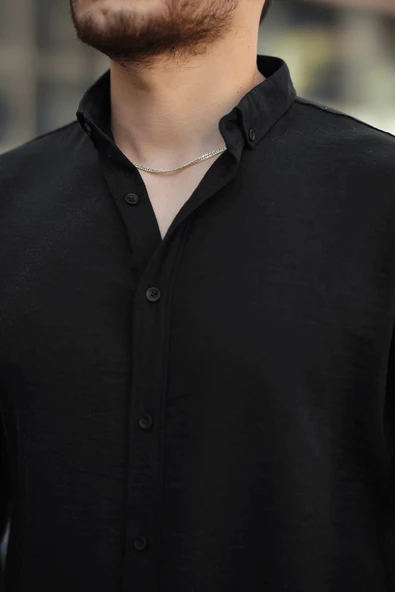 Pera Kumaş Keten Görünümlü Yarım Oversize Uzun kollu Erkek Gömlek - Siyah - 2