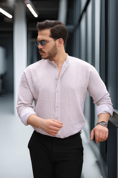 Çizgili Müslin Kumaş Yarım Pat Erkek Gömlek - Bej