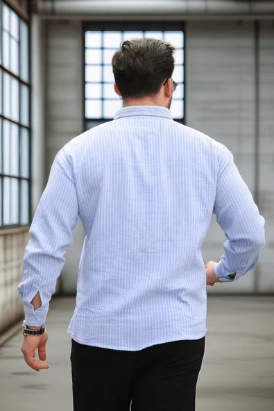 Çizgili Müslin Kumaş Yakalı Erkek Gömlek - Mavi - 5
