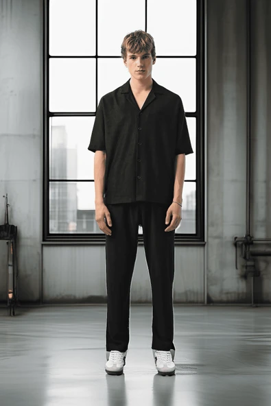 Apaş Yaka Kısa Kol Dokulu Erkek Gömlek - Siyah - 4