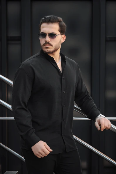 Pera Kumaş Keten Görünümlü Yarım Oversize Uzun kollu Erkek Gömlek - Siyah - 4