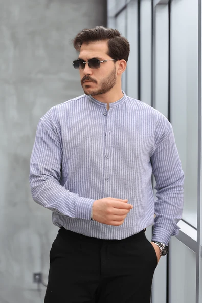 Çizgili Müslin Kumaş Yarım Pat Erkek Gömlek - Siyah - 2