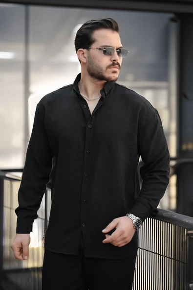 Pera Kumaş Keten Görünümlü Yarım Oversize Uzun kollu Erkek Gömlek - Siyah