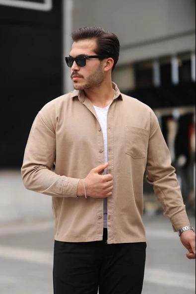 Tek Cepli Oversize Gabardin Kumaş Erkek Gömlek - Bej