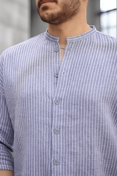 Çizgili Müslin Kumaş Yarım Pat Erkek Gömlek - Siyah - 3