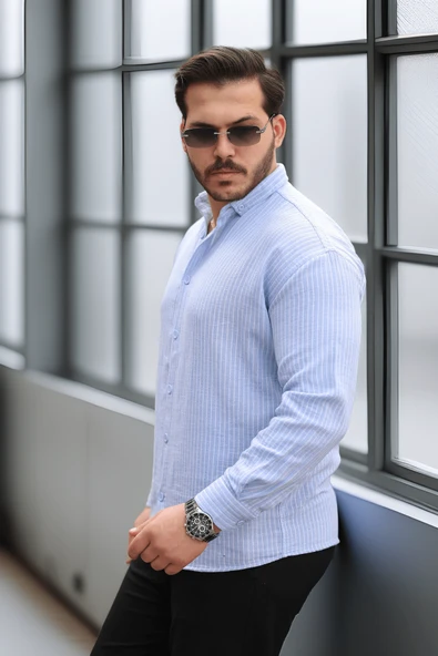 Çizgili Müslin Kumaş Yakalı Erkek Gömlek - Mavi - 4