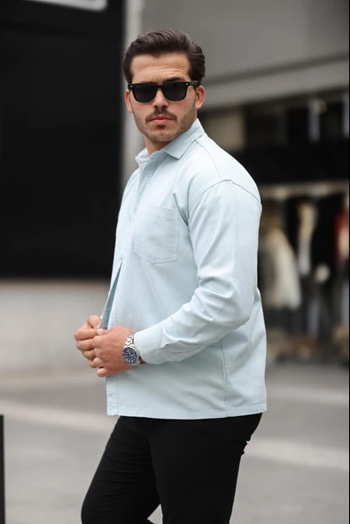 Tek Cepli Oversize Gabardin Kumaş Erkek Gömlek - Bebe Mavi - Resim 4