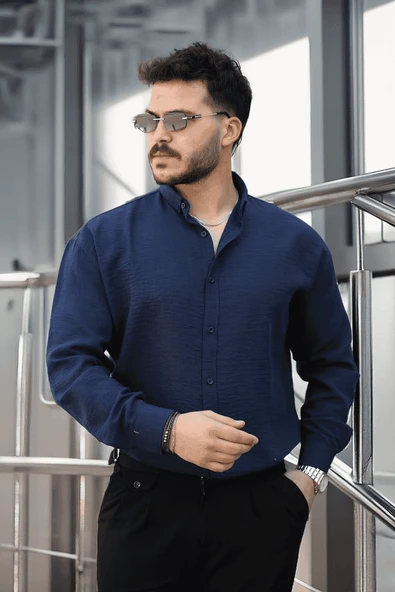 Pera Kumaş Keten Görünümlü Yarım Oversize Uzun kollu Erkek Gömlek - Lacivert