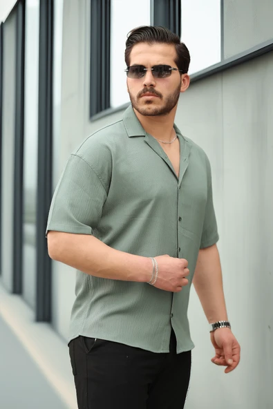 Fresh Kumaş Apaş Yaka Kısa Kol Erkek Gömlek - Haki - Resim 3