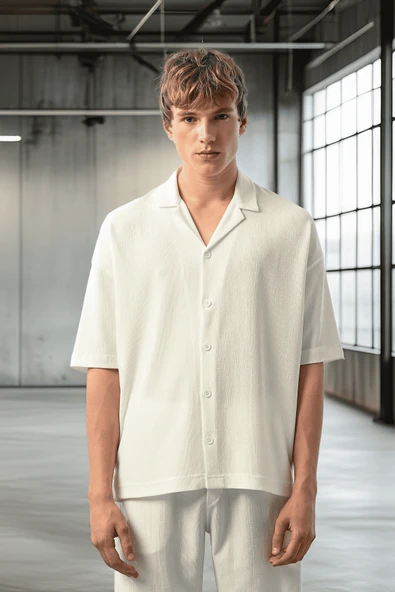 Apaş Yaka Kısa Kol Dokulu Erkek Gömlek - Ekru