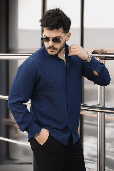 Pera Kumaş Keten Görünümlü Yarım Oversize Uzun kollu Erkek Gömlek - Lacivert - 3