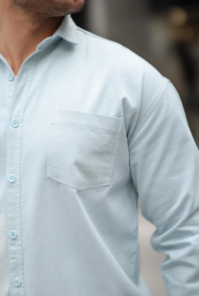 Tek Cepli Oversize Gabardin Kumaş Erkek Gömlek - Bebe Mavi - Resim 2