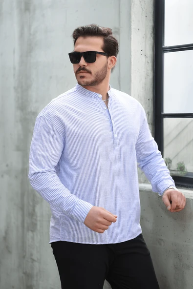 Yarım Pat Dik Şeritli Flam Keten Erkek Gömlek - Mavi - 6