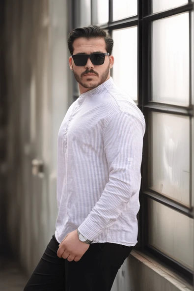 Yarım Pat Dik Şeritli Flam Keten Erkek Gömlek - Bej - 3