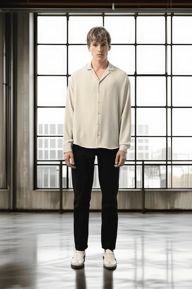 Apaş Yaka Uzun Kol Dokulu Erkek Gömlek - Taş - 4