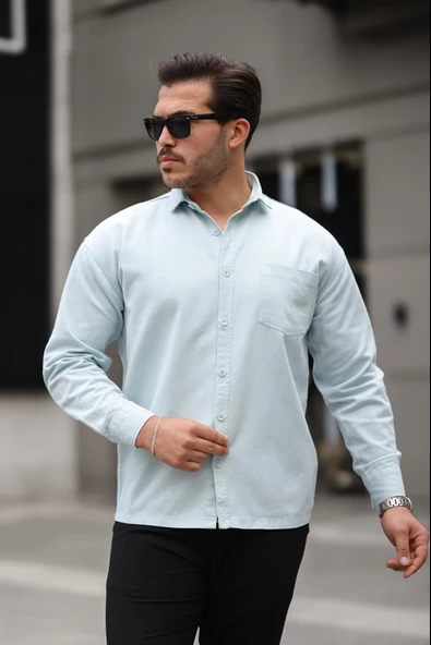 Tek Cepli Oversize Gabardin Kumaş Erkek Gömlek - Bebe Mavi - Resim 3