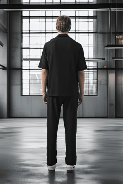 Apaş Yaka Kısa Kol Dokulu Erkek Gömlek - Siyah - 5