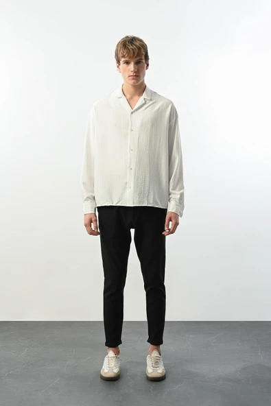 Viskon Dikey Çizgili Rahat Kalıp Erkek Gömlek - Beyaz - Resim 2