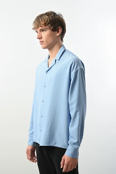 Viskon Dikey Çizgili Rahat Kalıp Erkek Gömlek - Mavi - Resim 3