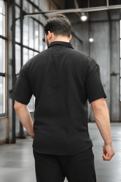 Yarım Oversize Apaş Yaka Kısa Kol Müslin Kumaş Erkek Gömlek - Siyah - 5
