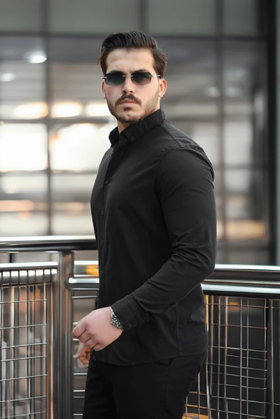 York Keten Erkek Gömlek - Siyah - 4