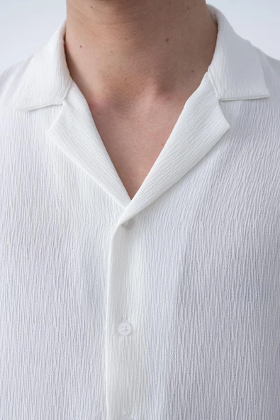 Apaş Yaka Uzun Kol Dokulu Erkek Gömlek - Ekru - 2
