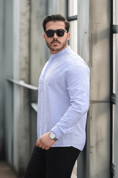 Yarım Pat Dik Şeritli Flam Keten Erkek Gömlek - Mavi - 3