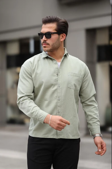 Tek Cepli Oversize Gabardin Kumaş Erkek Gömlek - Açık Yeşil - 3