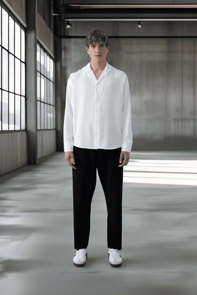 Apaş Yaka Uzun Kol Dokulu Erkek Gömlek - Ekru - 4