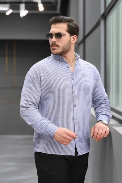 Çizgili Müslin Kumaş Yakalı Erkek Gömlek - Lacivert - Resim 2