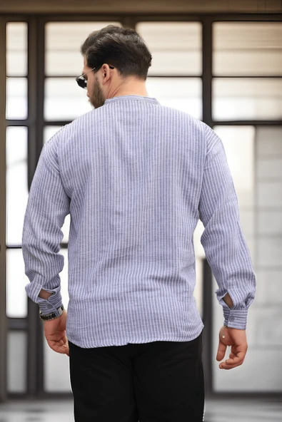 Çizgili Müslin Kumaş Yarım Pat Erkek Gömlek - Siyah - 4