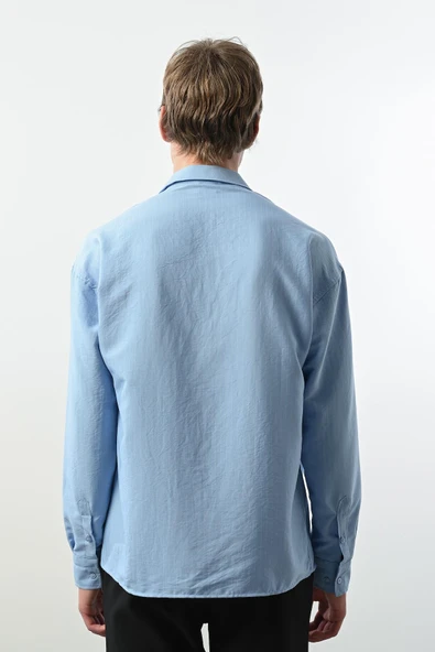 Viskon Dikey Çizgili Rahat Kalıp Erkek Gömlek - Mavi - Resim 5