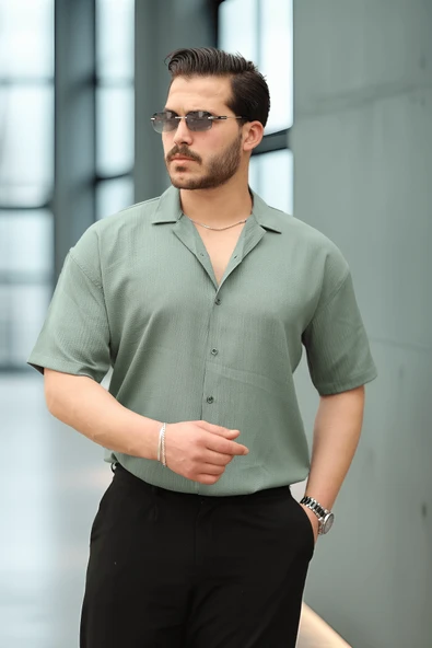 Fresh Kumaş Apaş Yaka Kısa Kol Erkek Gömlek - Haki - Resim 2