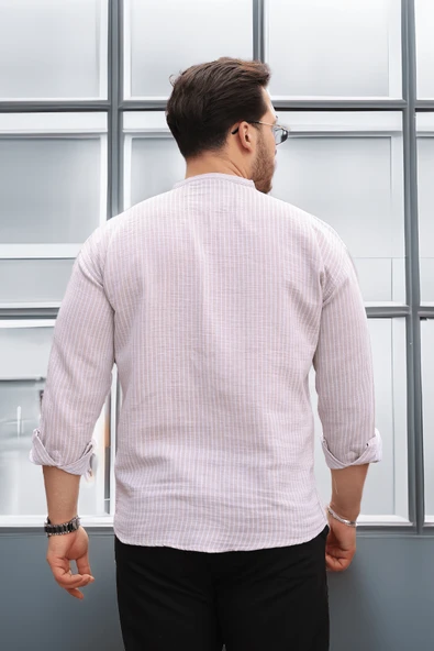 Çizgili Müslin Kumaş Yarım Pat Erkek Gömlek - Bej - 5