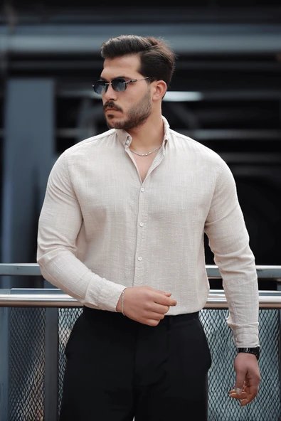 Bien Pamuk Keten Erkek Gömlek - Bej - 3