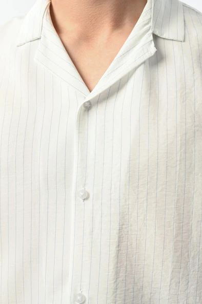 Viskon Dikey Çizgili Rahat Kalıp Erkek Gömlek - Beyaz ürün görseli