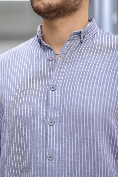 Çizgili Müslin Kumaş Yakalı Erkek Gömlek - Lacivert - Resim 5