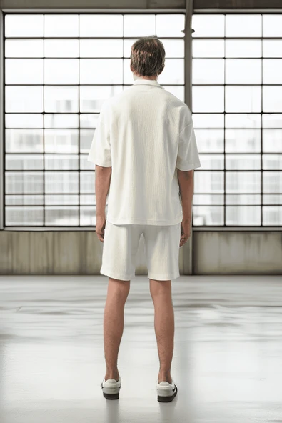 Apaş Yaka Kısa Kol Dokulu Erkek Gömlek - Ekru - 5