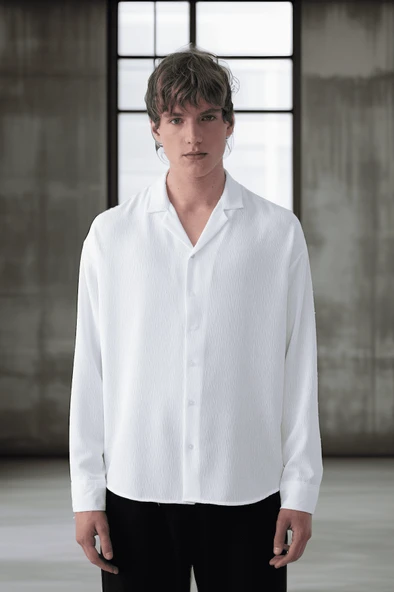 Apaş Yaka Uzun Kol Dokulu Erkek Gömlek - Ekru