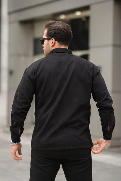 Tek Cepli Oversize Gabardin Kumaş Erkek Gömlek - Siyah - Resim 4
