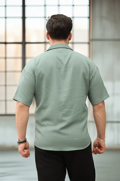 Fresh Kumaş Apaş Yaka Kısa Kol Erkek Gömlek - Haki - Resim 4