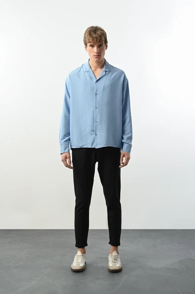 Viskon Dikey Çizgili Rahat Kalıp Erkek Gömlek - Mavi - Resim 4