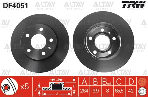 TRW-DF4051 FREN DİSKİ ASTRA G  98-07 / ASTRA H 04-10 / MERIVA A 03-10 ARKA DÜZ 264-5 (SET)