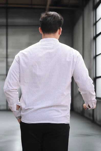 Yarım Pat Dik Şeritli Flam Keten Erkek Gömlek - Bej - 4