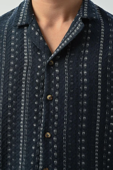 Bohem Çizgili Örme Kumaş Erkek Gömlek - Petrol - Resim 2