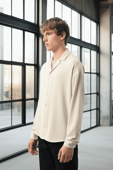 Apaş Yaka Uzun Kol Dokulu Erkek Gömlek - Taş - 3