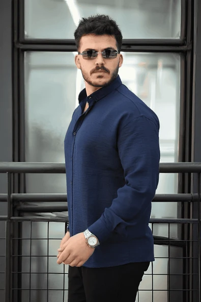 Pera Kumaş Keten Görünümlü Yarım Oversize Uzun kollu Erkek Gömlek - Lacivert - 4