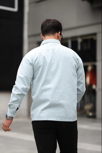 Tek Cepli Oversize Gabardin Kumaş Erkek Gömlek - Bebe Mavi - Resim 5