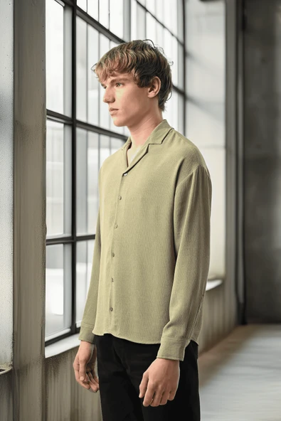 Apaş Yaka Uzun Kol Dokulu Erkek Gömlek - Çağla - 3