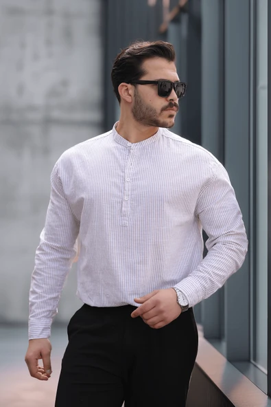 Yarım Pat Dik Şeritli Flam Keten Erkek Gömlek - Bej